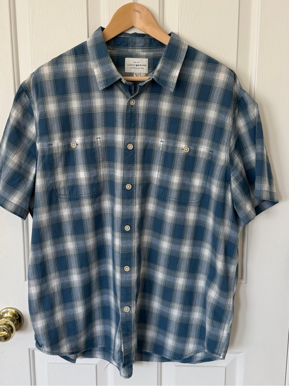 Lucky Brand Blue and White Plaid Short-Sleeve Button-Down Shirt